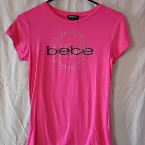 bebe Neon Pink Short Sleeve Tee with Rhinestone Logo